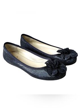 KATE SPADE Black Sparkle Suede Ballet Flats w/ Flowers